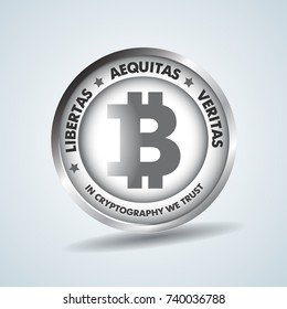 Realistic 3d silver bitcoin coin vector illustration for fintech net banking and blockchain concept. Silver bitcoin money, internet finance coin