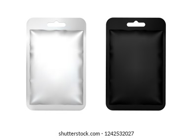 Realistic, 3d, silver and black foil pouch. Packaging design cosmetics. Mock up package for mask, shampoo, food