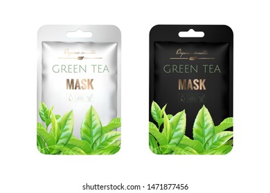 Realistic, 3d, silver and black foil pouch. Packaging design cosmetics. Mock up package for mask, shampoo, food