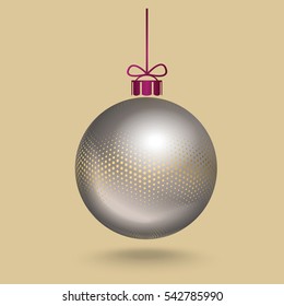 Realistic, 3d, silver Christmas, New Year, ball decorated with the pattern of small gold round halftone dots, hanging on a ribbon with a small bow. Vector illustration. New Year postcard