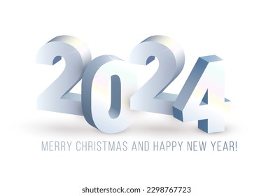 Realistic 3D silver numbers 2024 with shadows on white background. Vector white gold greeting concept for web, print, ad, greeting card design element.