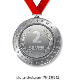 Realistic 3d silver trophy award medal for winner. 
Honor prize. 
Modern flat style isolated on background. Vector illustration