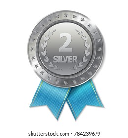 Realistic 3d silver trophy award medal for winner. 
Honor prize. 
Modern flat style isolated on background. Vector illustration