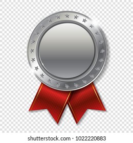 Realistic 3d silver trophy champion award medal for winner. 
Honor prize. 
Modern flat style isolated on transparent background. Vector illustration