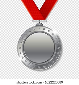 Realistic 3d silver trophy champion award medal for winner. 
Honor prize. 
Modern flat style isolated on transparent background. Vector illustration