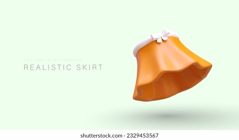 Realistic 3d skirt on green background. Skirt advertising campaign poster for company selling clothes for women. Vector design in orange colors in cartoon style