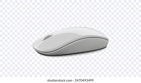 Realistic 3D of a sleek, modern white wireless computer mouse on a transparent background. The mouse is designed with a smooth, minimalist shape and features a scroll wheel. Vector illustration