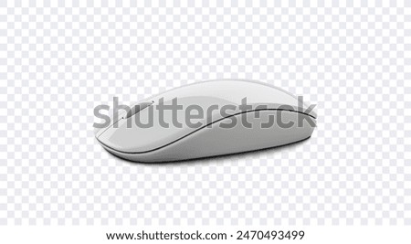 Realistic 3D of a sleek, modern white wireless computer mouse on a transparent background. The mouse is designed with a smooth, minimalist shape and features a scroll wheel. Vector illustration