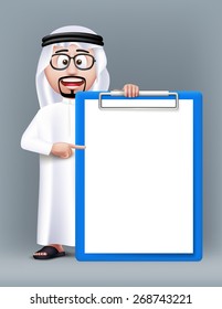 Realistic 3D Smart Saudi Arab Man Character Wearing Traditional Clothes with Eyeglasses Holding Blank and Empty Clipboard for Text Lists. Editable Vector Illustration