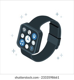 Realistic 3d smart watch with application icons on a light background. Smart watch concept. Realistic stainless device, isolated on white. smart watch with black strap isolated. 2084