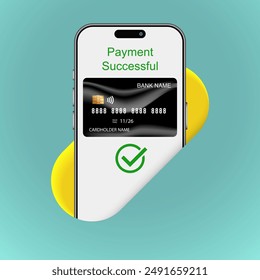 Realistic 3D Smartphone and Credit Card in a Hole Mockup: Successful Wireless Payment Processing for Online Shopping. Vector.