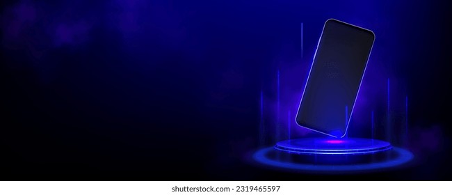 Realistic 3D smartphone mockup on futuristic podium isolated on black background with neon light effect. Vector illustration of mobile phone with blank touchscreen. Modern communication technology app