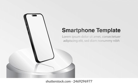 Realistic 3D Smartphone Mockup on Silver Display Podium. Black Smart mobile phone display on mirror material stage banner. Smartphone screen with perspective side view template. Vector.