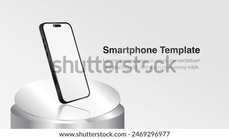 Realistic 3D Smartphone Mockup on Silver Display Podium. Black Smart mobile phone display on mirror material stage banner. Smartphone screen with perspective side view template. Vector.