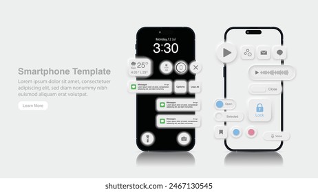 Smartphone 3D realista en neomorfismo y diseño de neumorfismo: mensajes Nuevos, alertas, Pop, mensajes entrantes, seminarios web, formación en línea, programas de radio o concepto de podcasts de Blog de audio. Vector.