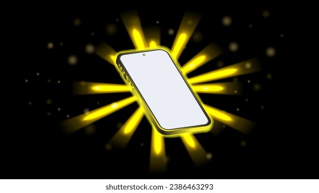 Realistic 3D Smartphone with Neon Light Effect. Abstract glowing yellow lights on display screen on smart phone. Vector Illustration of a Mobile Phone Mockup with glowing yellow background. Vector.