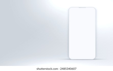 Realistic 3d smartphone on gray.	Phone with mockup background front view. White mobile isolated with blank screen for display your ux design, site, presentation and promo.