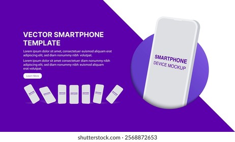 Realistic 3D Smartphone Vector Mockup in Circle: Blank Screen Mobile Phone and Cellphone on Purple Background for App Design Banner. Vector.