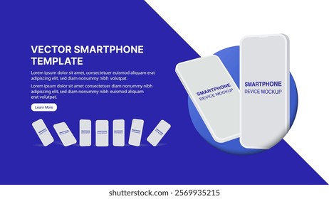 Realistic 3D Smartphone Vector Mockup in Circle: Blank Screen Mobile Phone and Cellphone on Blue Background for App Design Banner. Vector.