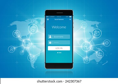 Realistic 3d smartphone with world map and communication symbols social network concept vector illustration