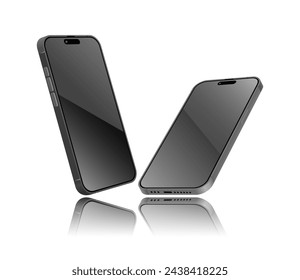 Realistic 3d smartphones and mobile phone mockup in a tilted position, with the front sides facing upwards and shadows. Vector illustration