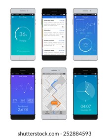 Teléfonos inteligentes 3d realistas configurados con aplicaciones ui en una ilustración vectorial aislada en pantalla