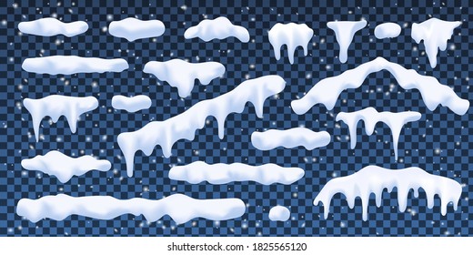 Realistische 3D-Schneekappen. Sammlung von Eiskappen. Winterdesign, Vektorschneeflocke. Weihnachts- und Neujahrsdekoration.