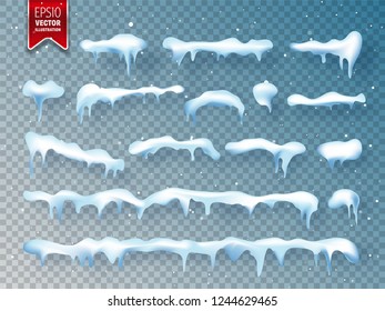Realistic 3d snow, ice cap with shadow. Snowfall and snowflakes. Winter season. Christmas and New Year time.