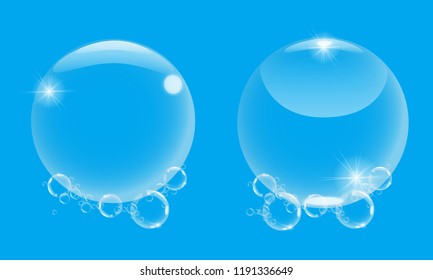 Realistic 3d soap bubble with on blue background. Vector Soap Bubble set illustration.