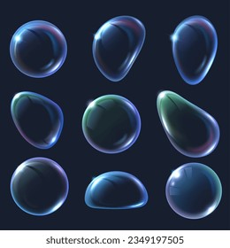 Realistic 3D soap bubble. Soapy bubbles in various shapes, iridescent glossy sphere surface and abstract blob forms isolated vector illustration set of realistic transparent reflection