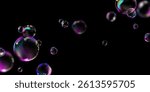 Realistic 3D soap bubbles with iridescent reflections floating on black background, ideal for abstract backgrounds, advertising, posters, party designs and digital art projects.Vector illustration
