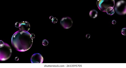 Realistic 3D soap bubbles with iridescent reflections floating on black background, ideal for abstract backgrounds, advertising, posters, party designs and digital art projects.Vector illustration
