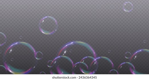 Realistic 3d soap bubbles with rainbow reflection. Bubbles are located on a transparent background. Vector flying soap bubble. Bubble Transparent realistic Water glass bubble
