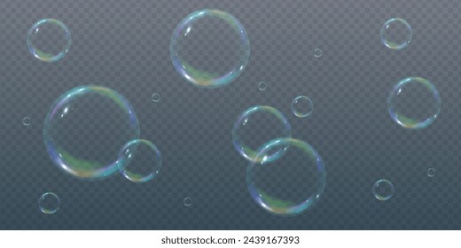 Realistic 3d soap bubbles with rainbow reflection. Bubbles are located on a transparent background. Vector flying soap bubble. Bubble Transparent realistic Water glass bubble