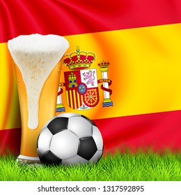 Realistic 3d Soccer ball and Glass of beer on grass with national waving Flag of SPAIN. Design of a stylish background for the soccer championship. Poster,banner soccer template. Football concept. EPS