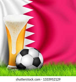 Realistic 3d Soccer ball and Glass of beer on grass with national waving Flag of QATAR. Design of a stylish background for the soccer championship. Poster, banner soccer template. Football concept.