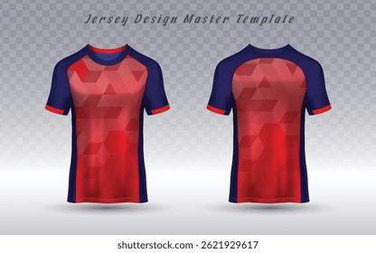 Realistic 3D soccer jersey vector in red and blue with front and back views. Perfect for team uniforms, sportswear brands, and fan merchandise. Clean transparent background for easy editing. - Powered by Shutterstock - Get 15% off with code: PIKWIZARD15