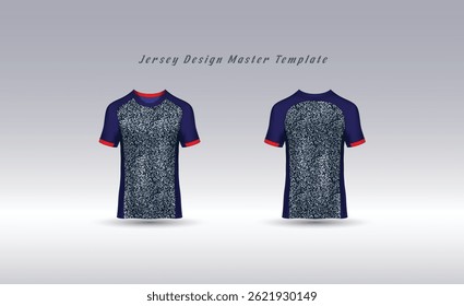 Realistic 3D soccer jersey vector in blue and gray with front and back views. Perfect for team kits, sportswear branding, and athletic designs. Detailed textured fabric on transparent background.