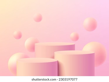 Realistic 3D soft pink stand podium set background with sphere balls or bubbles flying. Wall minimal scene mockup product stage showcase, Cosmetic promotion display. Abstract vector geometric forms.