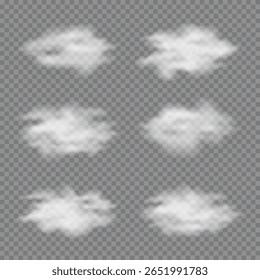 Realistic 3D soft white clouds on transparent background. Perfect fog, steam or smoke overlay effect for design, web and illustration use. Vector illustration