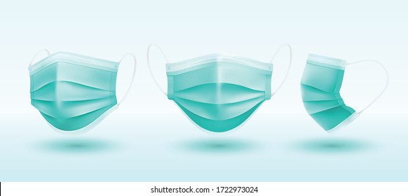 Realistic 3D solid perspective green Medical mask in vector  isolated