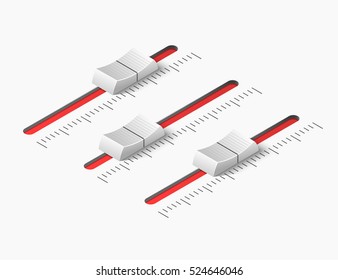 Equipo de grabación de ajuste de sonido 3D realista. Panel de control del ecualizador del mezclador de música. Consola Dj. Botones deslizantes blancos. Isometric vectorial ilustración