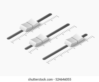 Realistic 3d sound adjusting recording equipment. Music mixer equalizer control panel. Dj console. White slider buttons. Isometric vector illustration