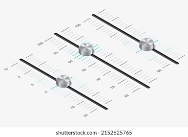 Realistic 3d sound adjustment. Collection of graphic elements for music listening software. Modern technologies and digital world. Isometric vector illustrations isolated on white background