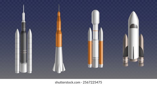 Realistic 3D space vehicle and spaceship collection with modern rocket designs - metallic silver and orange vessels with booster engines, futuristic shuttles, spacecraft transportation models.