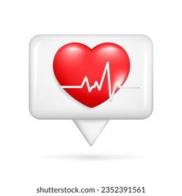 Realistic 3d speech bubble, red heart, pulse line, heartbeat. 3d cardiogram, cardio sign, diagnostic health, pulse beat measure, medical healthcare. Vector illustration isolated on white background