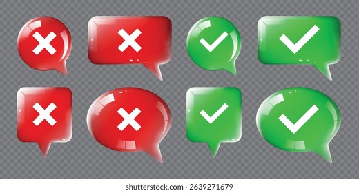 Realistic 3D speech bubble set with green tick of approval and red cross of prohibition, isolated ellipse, circle, square and rectangle glass (lens) sphere for buttons