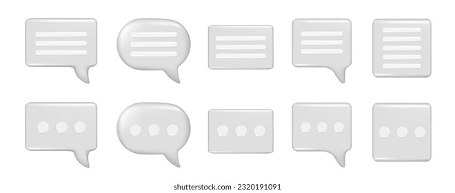Realistic 3d speech bubble text, message box, chatting box with white lines and dots. Decorative 3d element, chat dialogue icon, speak bubble symbol. Vector illustration isolated on white background