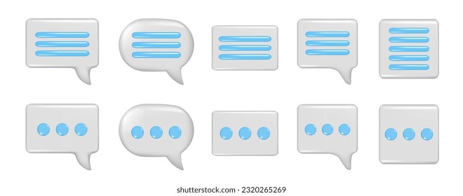 Realistic 3d speech bubble text, message box, chatting box with blue lines and dots. Decorative 3d element, chat dialogue icon, speak bubble symbol. Vector illustration isolated on white background