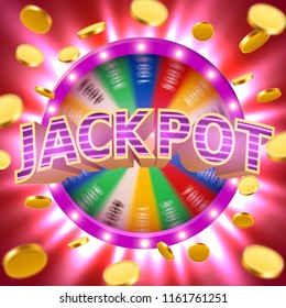 Realistic 3d spinning fortune wheel with flying golden coins. Lucky roulette. Casino concept. Vector illustration